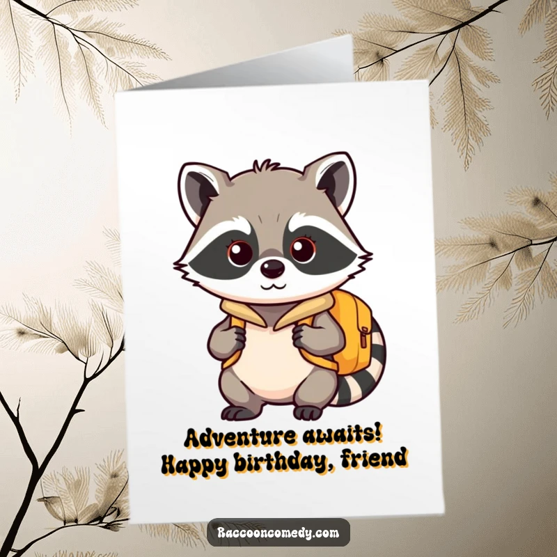 Funny Free Printable Birthday Card: Kawaii raccoon with a tiny backpack, grinning and geared up for an epic birthday adventure.