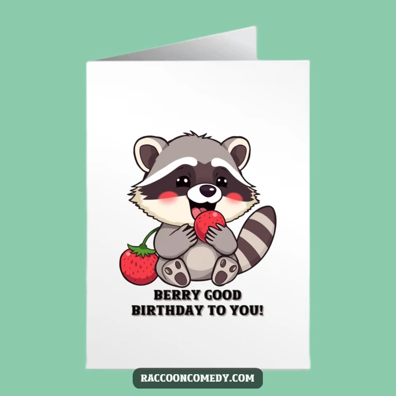 Free Printable Birthday Card: Funny Raccoon Berry Feast, Perfect Downloadable Gift