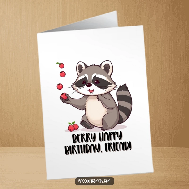 Funny Free Printable Birthday Card: Playful raccoon skillfully juggling small red berries with its paws.