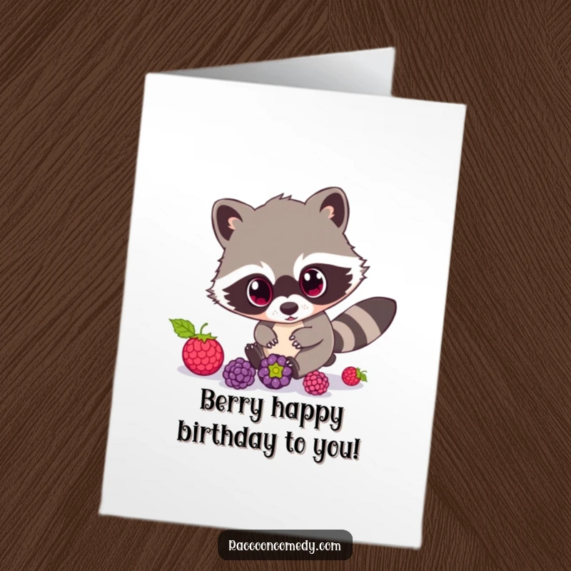Funny Free Printable Birthday Card: A cute raccoon with wide eyes chases rolling berries with delight. Humorous downloadable art.