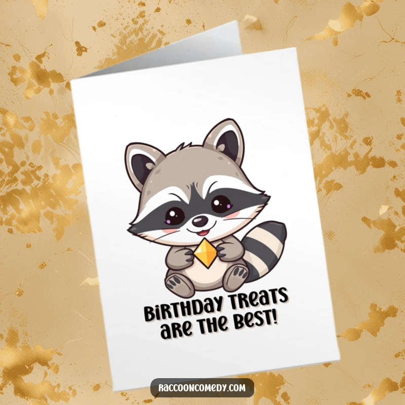 Funny Free Printable Birthday Card: Kawaii raccoon with a mischievous grin, proudly holding a shiny trinket, ready to party.