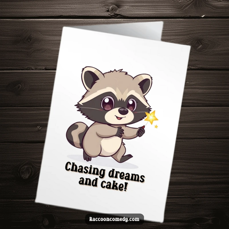 Funny Free Printable Birthday Card: Playful raccoon with big eyes excitedly chasing a sparkling firefly, symbolizing wishes.