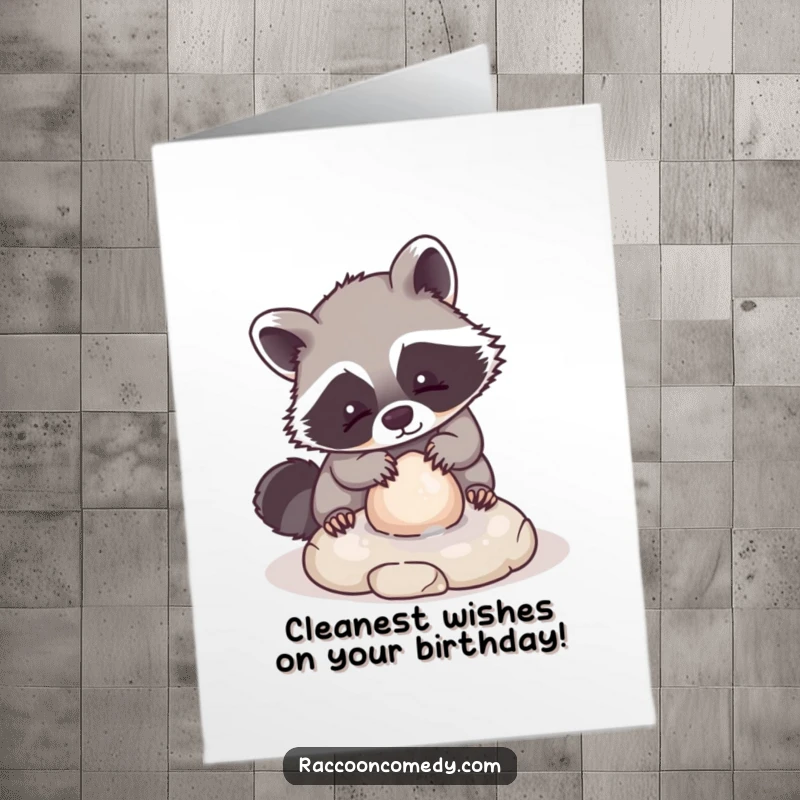 Cute free printable birthday card: A kawaii raccoon playfully washes a small, round stone.