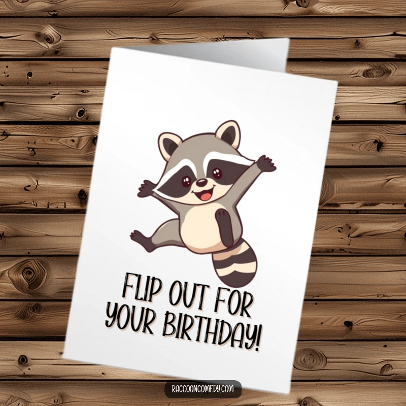 Funny Free Printable Birthday Card: A happy raccoon performing a dynamic acrobatic flip with a wide, joyful smile.