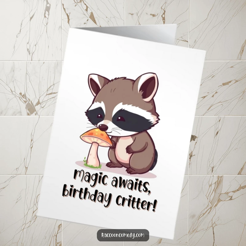 Funny Free Printable Birthday Card: Curious raccoon marvels at a glowing mushroom, wonder in its eyes, magical forest scene.