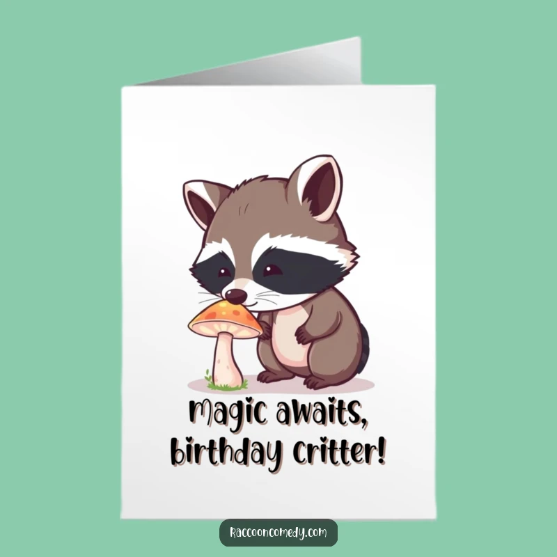 Free Printable Birthday Card: Curious Raccoon, Magical Mushroom Discovery, Funny Downloadable Gift