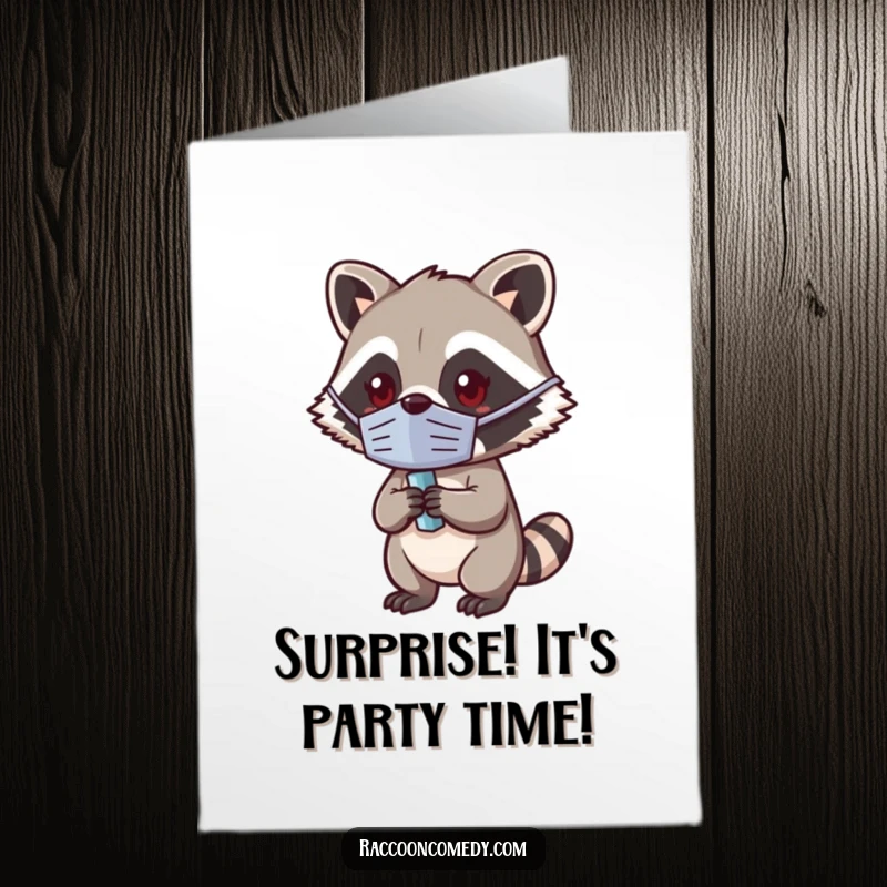 Funny Free Printable Birthday Card: A kawaii raccoon in a tiny mask slyly clutches a shiny object, ready to steal the show.