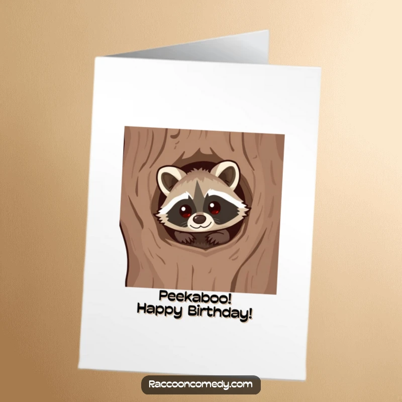 Funny Free Printable Birthday Card: A kawaii raccoon with wide, curious eyes peeks out from a cozy tree hollow.