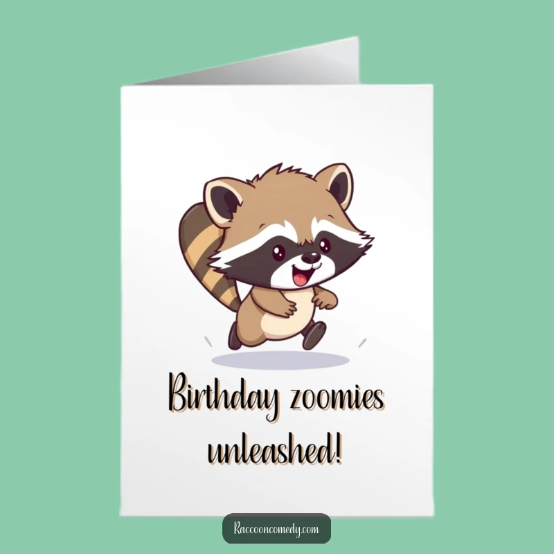 Free Printable Birthday Card: Funny Raccoon Cub Scampering - Energetic Downloadable Gift