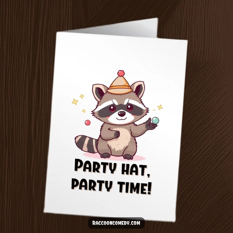 Funny Free Printable Birthday Card: Cute raccoon in tiny hat, skillfully juggling shiny objects, bringing festive cheer.