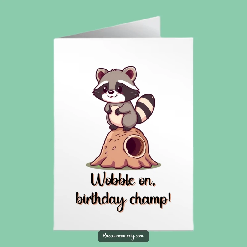 Free Printable Birthday Card: Kawaii Raccoon Balancing Act, Funny Downloadable Gift