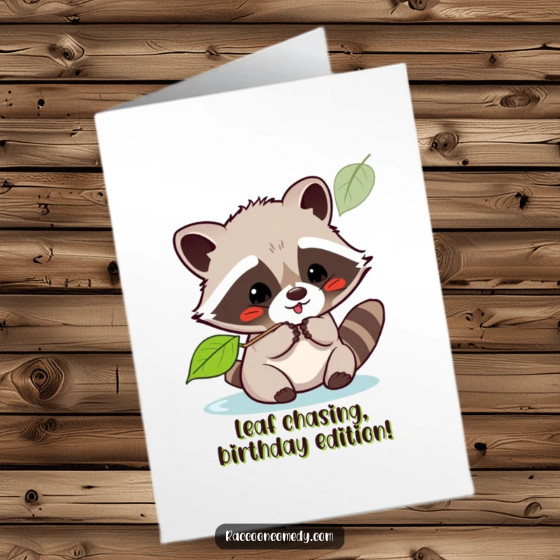 Cute Free Printable Birthday Card: Kawaii raccoon playfully batting at a floating leaf, enjoying nature.