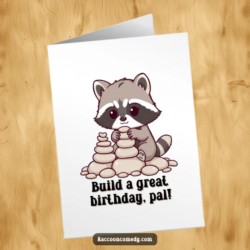 Funny Free Printable Birthday Card: A little raccoon carefully stacks pebbles, celebrating a special birthday.