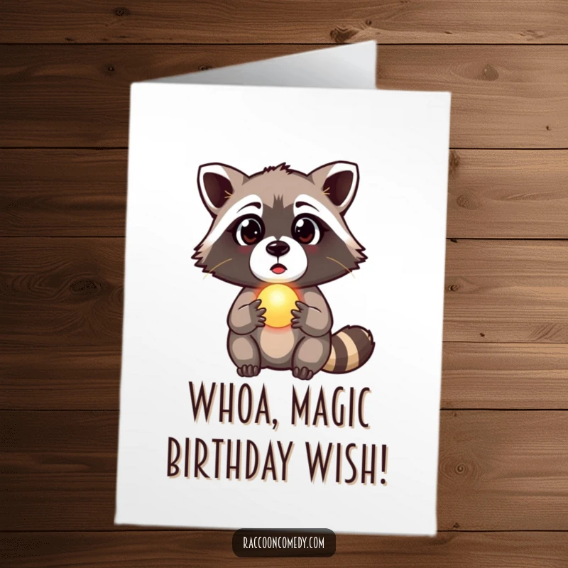 Funny free printable birthday card showing a raccoon with wide, surprised eyes holding a small, mysterious glowing orb.