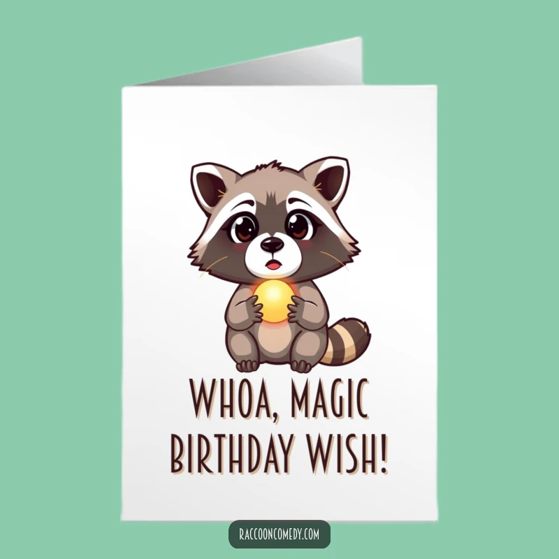 Free Printable Birthday Card: Surprised Raccoon Glowing Orb - Magical Download Gift