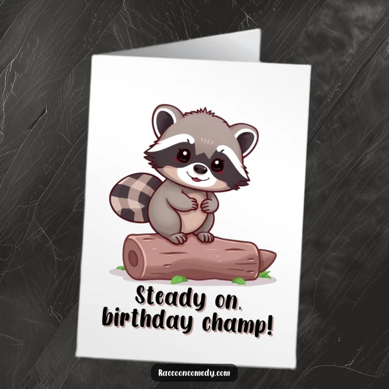 Funny Free Printable Birthday Card: Tiny raccoon joyfully balancing precariously on a mossy log, big grin.