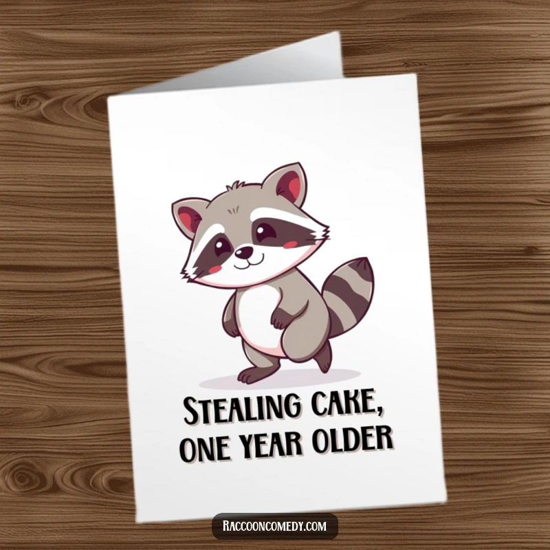 Funny Free Printable Birthday Card: Kawaii raccoon tiptoeing with a mischievous grin, ready for birthday fun.
