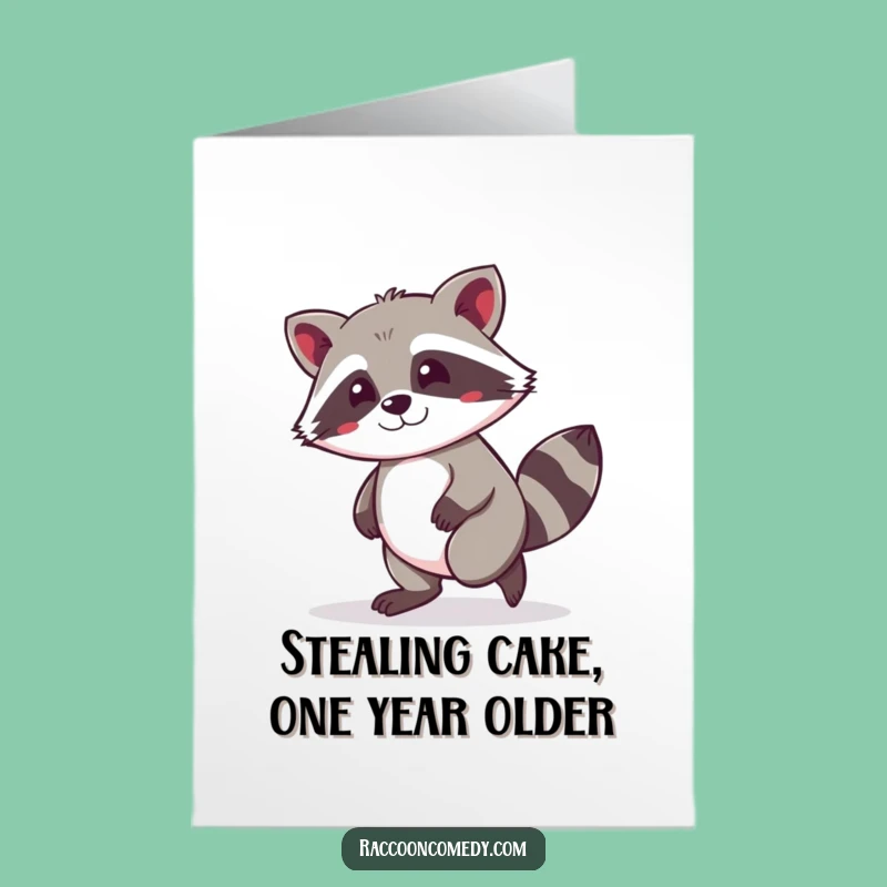 Free Printable Funny Birthday Card: Kawaii Raccoon Tiploeing Mischief!
