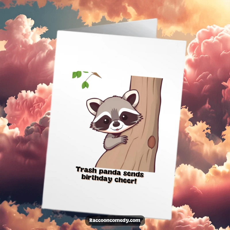 Funny Free Printable Birthday Card: A curious raccoon peeks from behind a tree, ready to deliver birthday wishes.