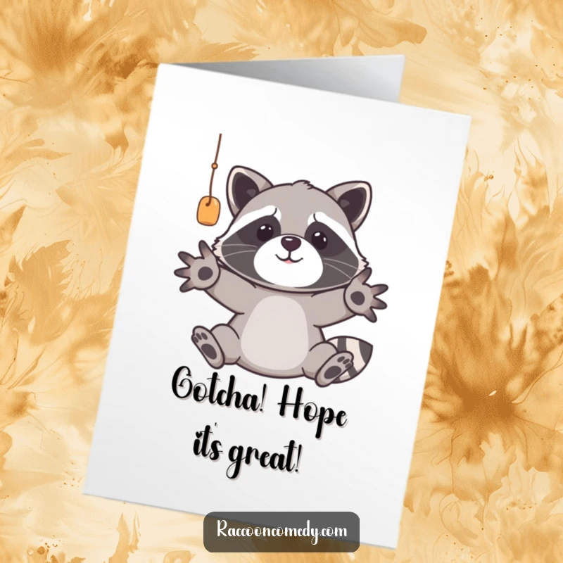 Funny Free Printable Birthday Card: Racoon with outstretched paws eagerly reaching for a birthday gift, looking mischievous.