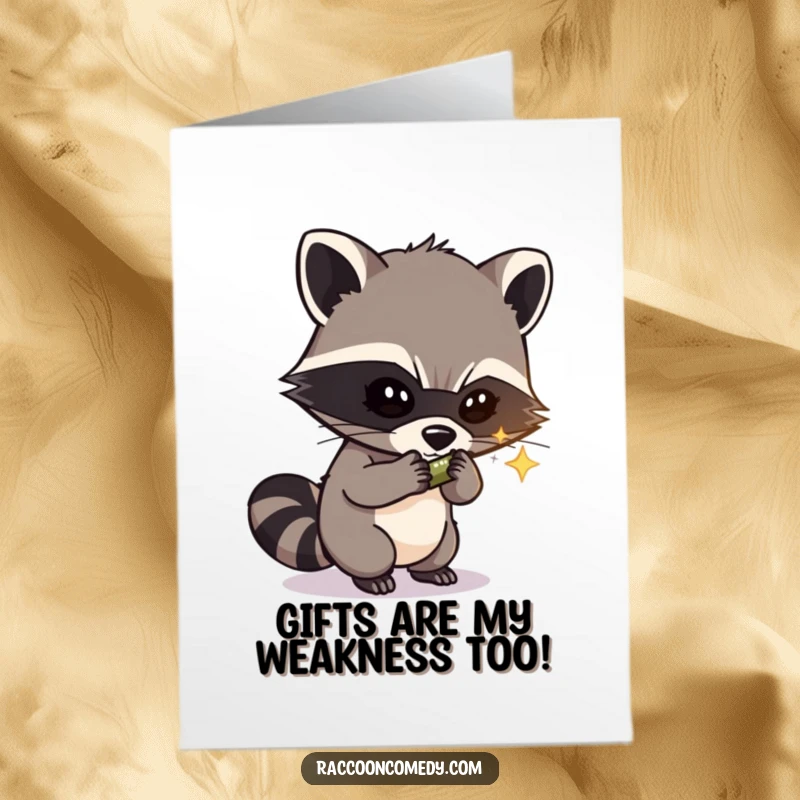 Funny Free Printable Birthday Card: Mischievous raccoon with a mask stealing a shiny object, looking sly.