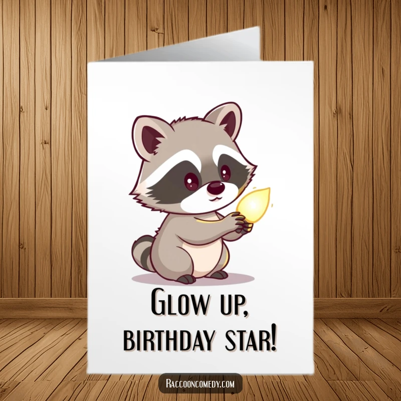Funny Free Printable Birthday Card: A wide-eyed raccoon, captivated by a softly glowing object, with a look of pure amazement and intrigue.