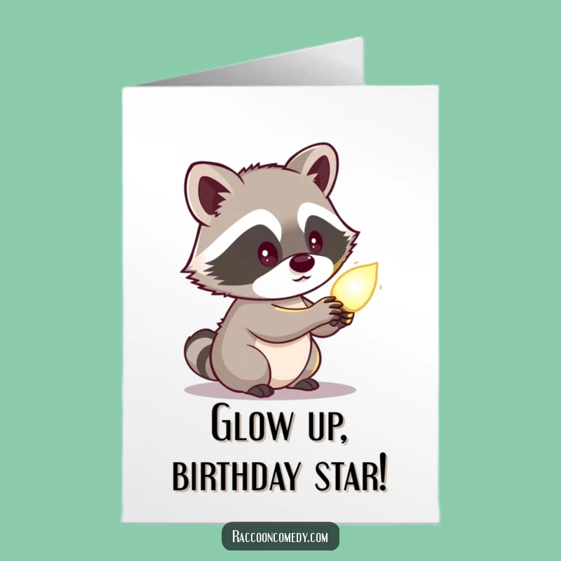 Free Printable Birthday Card: Curious Raccoon Glowing Object Downloadable Gift