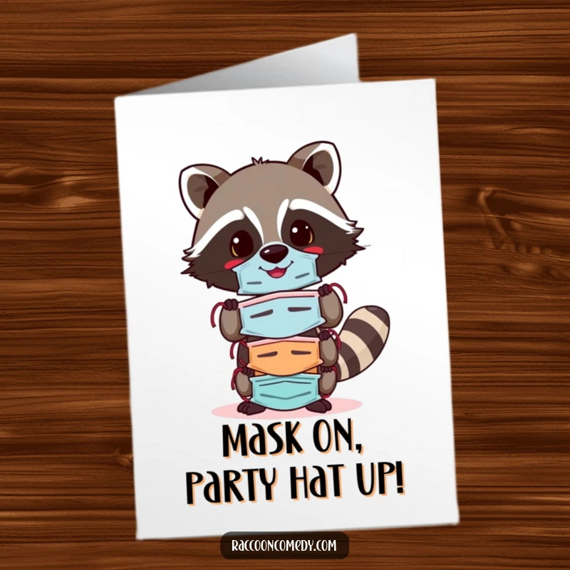 Funny Free Printable Birthday Card: Cheerful raccoon balancing colorful masks, ready for any occasion, festive fun.