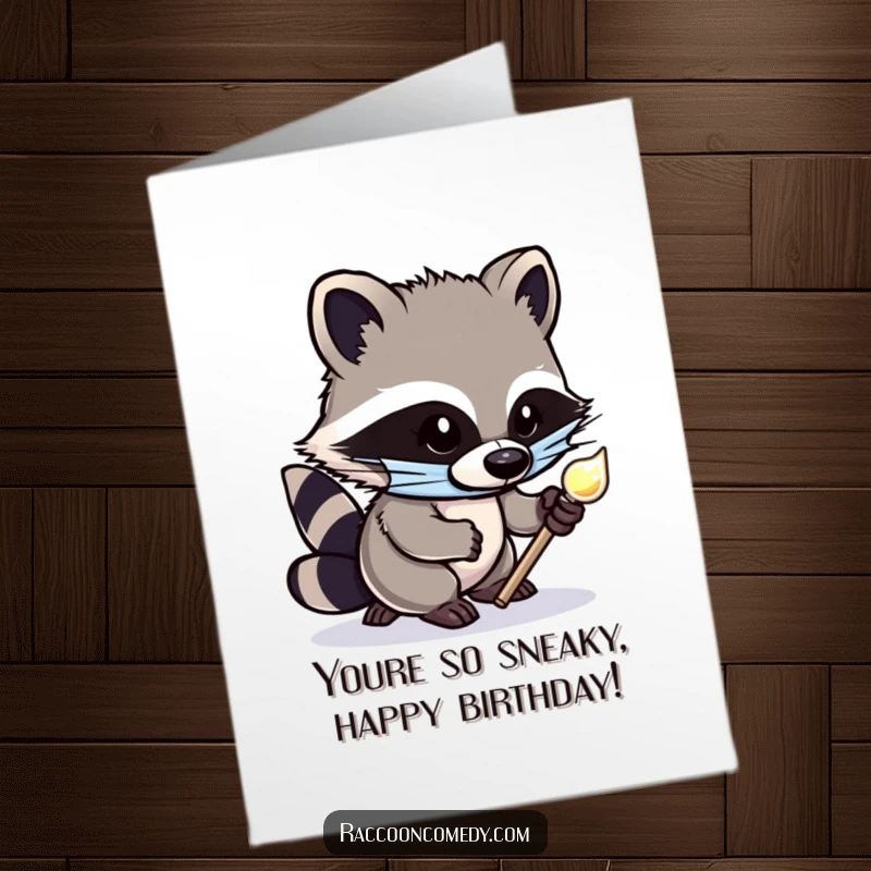 Funny free printable birthday card: A cute masked raccoon tiptoes away with a shiny object.