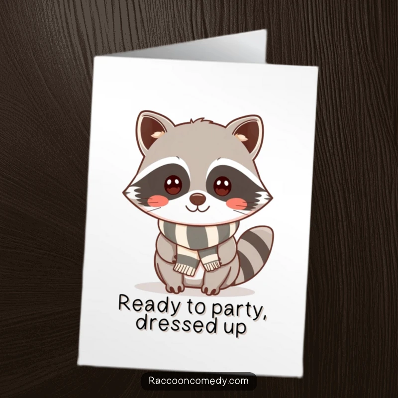 Funny Free Printable Birthday Card: Kawaii raccoon with a cheeky smile, sporting a small, striped scarf.