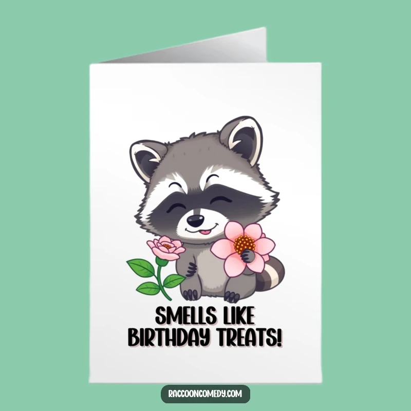 Free Printable Birthday Card: Raccoon Sniffing Flower - Whimsical Downloadable Gift