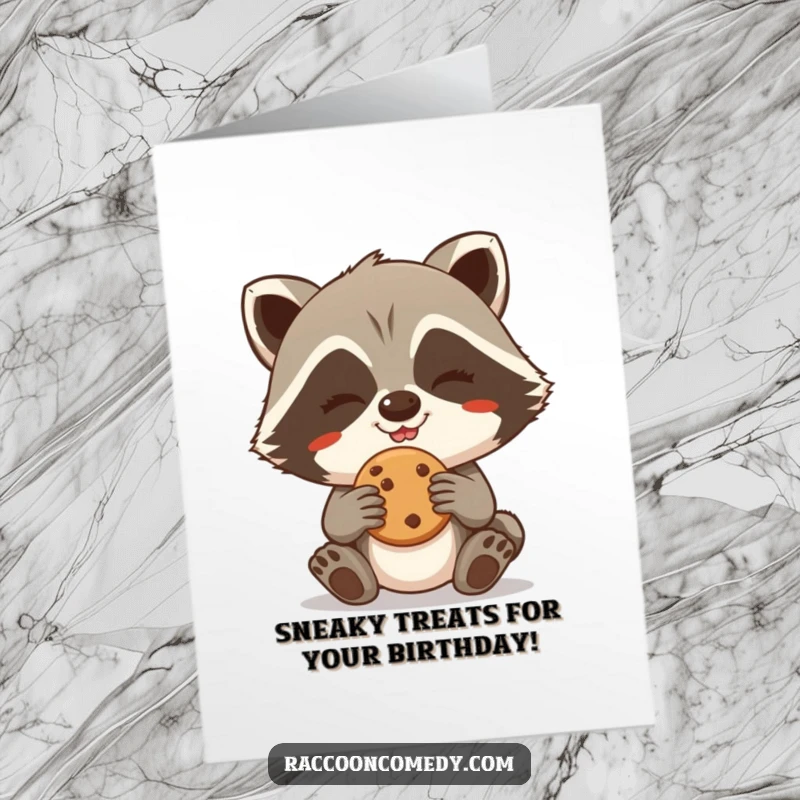 Funny Free Printable Birthday Card: Giggling raccoon with a huge grin attempts to steal a cookie, eyes full of mischief.