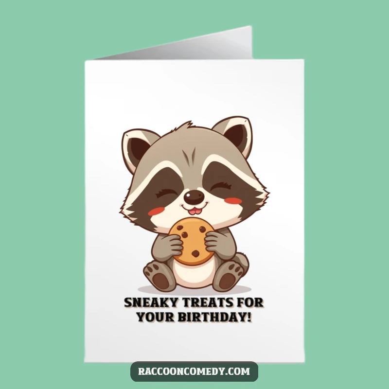 Free Printable Birthday Card: Sneaky Raccoon, Cookie Heist, Funny Downloadable Gift for Treats Lovers