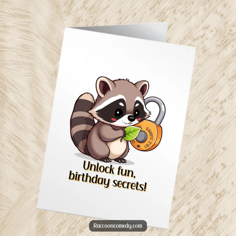 Funny Free Printable Birthday Card: A kawaii raccoon uses a leaf to unlock a whimsical lock.