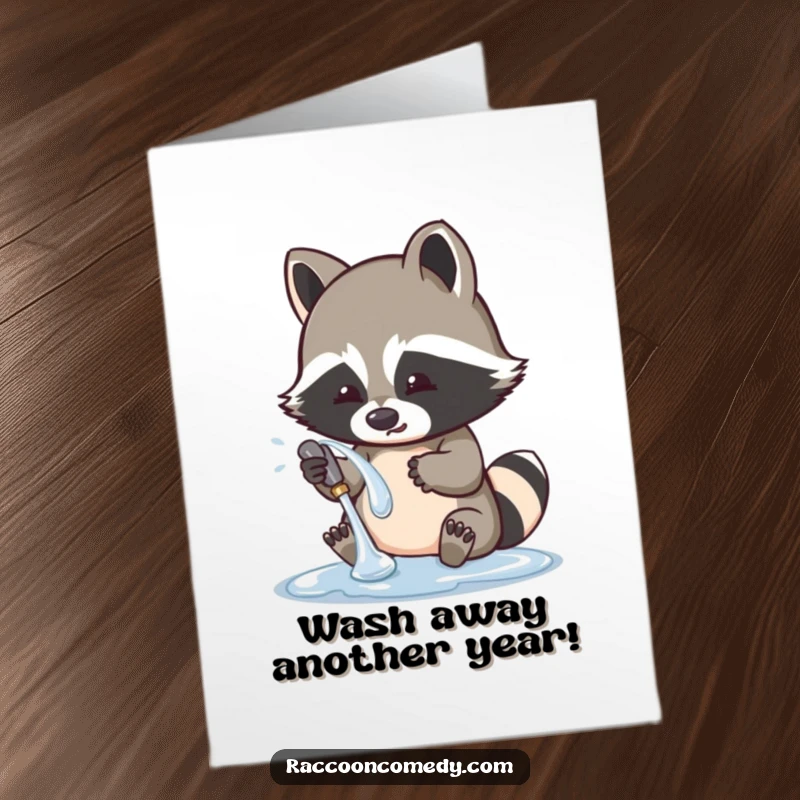Funny Free Printable Birthday Card: A cheeky raccoon happily scrubbing a shiny, reflective object with determination and a playful glint.