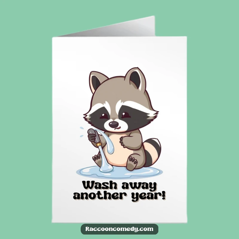 Free Printable Birthday Card: Funny Raccoon Shiny Object Washing Downloadable Gift