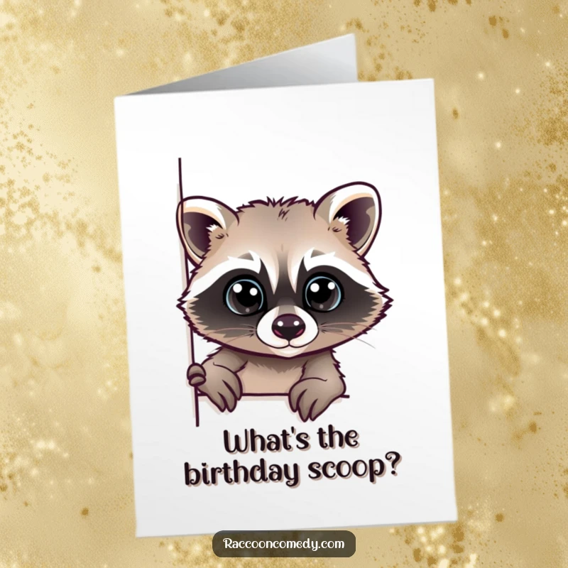 Funny Free Printable Birthday Card: A raccoon with big, inquisitive eyes cautiously peeking around a corner.
