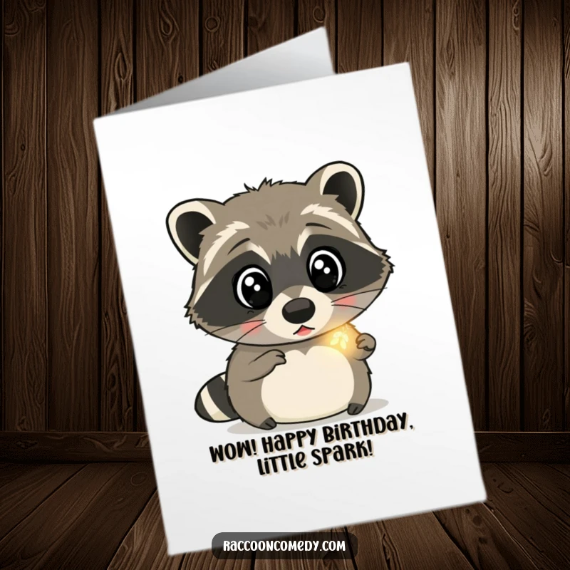 Funny Free Printable Birthday Card: Surprised raccoon with wide eyes marveling at a tiny, glowing firefly.