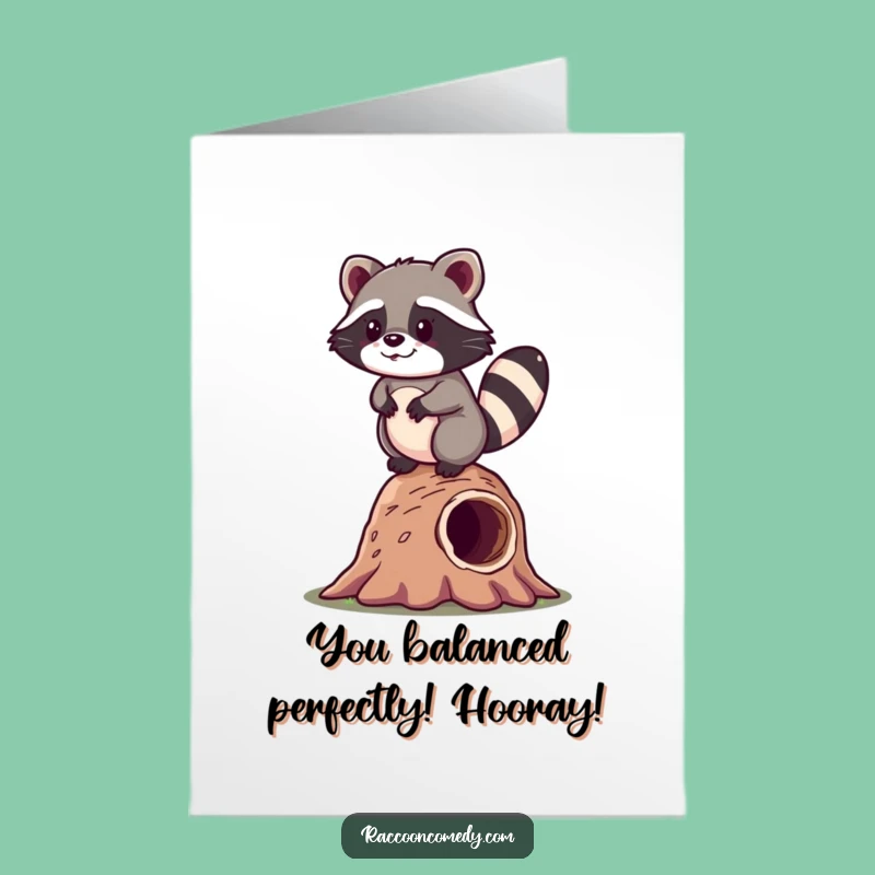 Congrats Free Printable Card: Kawaii Raccoon Balancing Feat, Downloadable Gift Funny