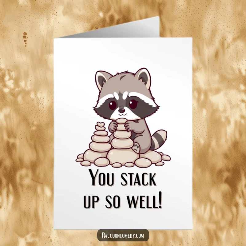 Funny Free Printable Congratulations Card: A raccoon meticulously stacks pebbles, symbolizing a great achievement.