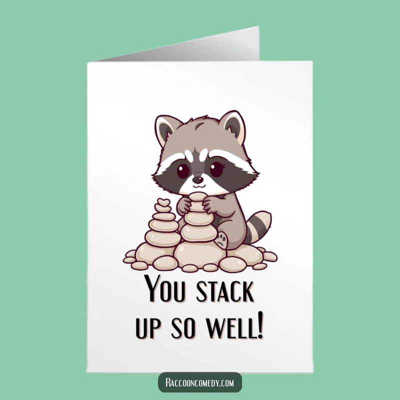 Downloadable Congratulations Card: Raccoon Stacking Pebbles, Funny Free Printable