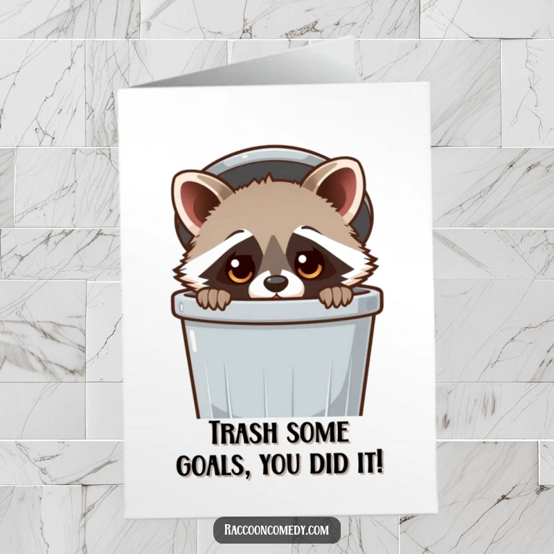 Funny Free Printable Congratulations Card: Kawaii raccoon peeking from trash can, finding success with humor.