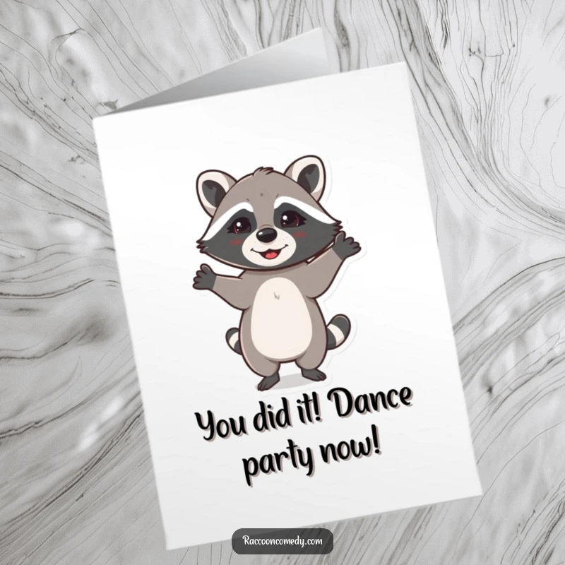 Funny free printable congratulations card with a happy raccoon performing an energetic dance with paws up, conveying pure celebratory joy.