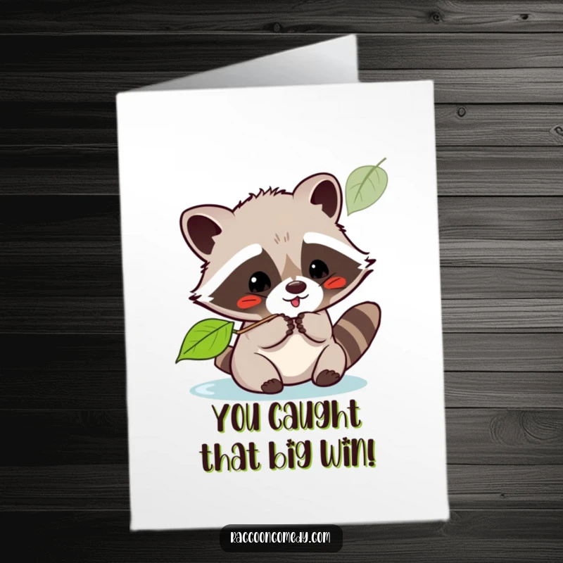 Cute Free Printable Congrats Card: Kawaii raccoon playfully batting at a floating leaf, celebrating joyfully.