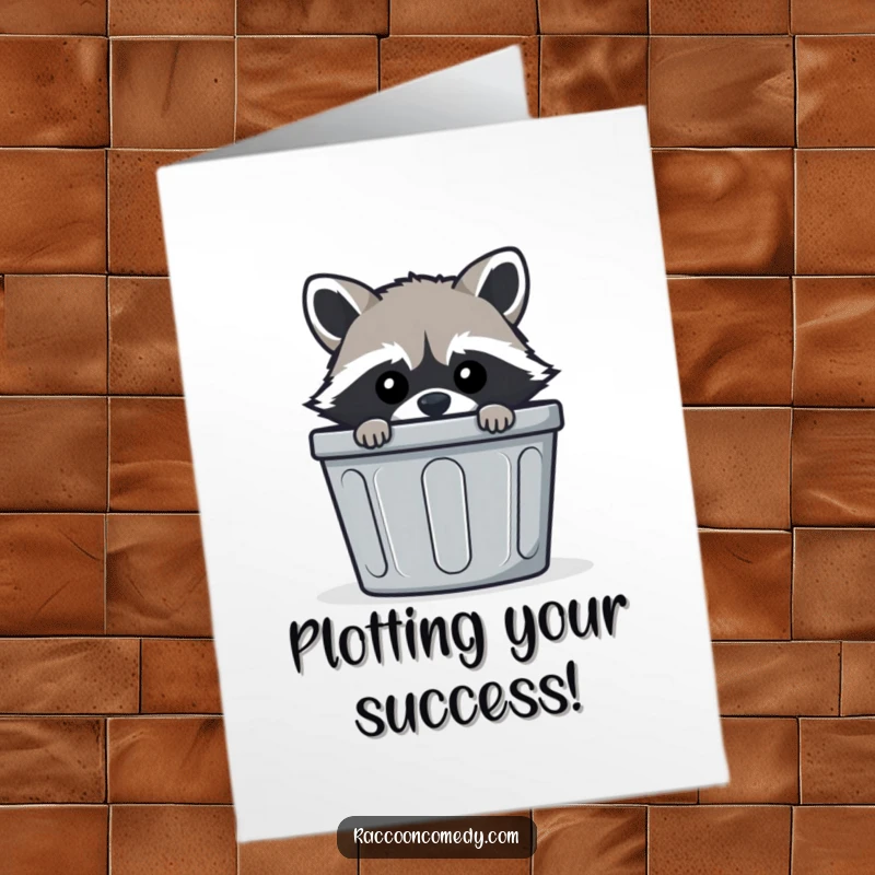 Funny Free Printable Congratulations Card: A raccoon with a sly expression peers from behind a trash bin, celebrating with humor.