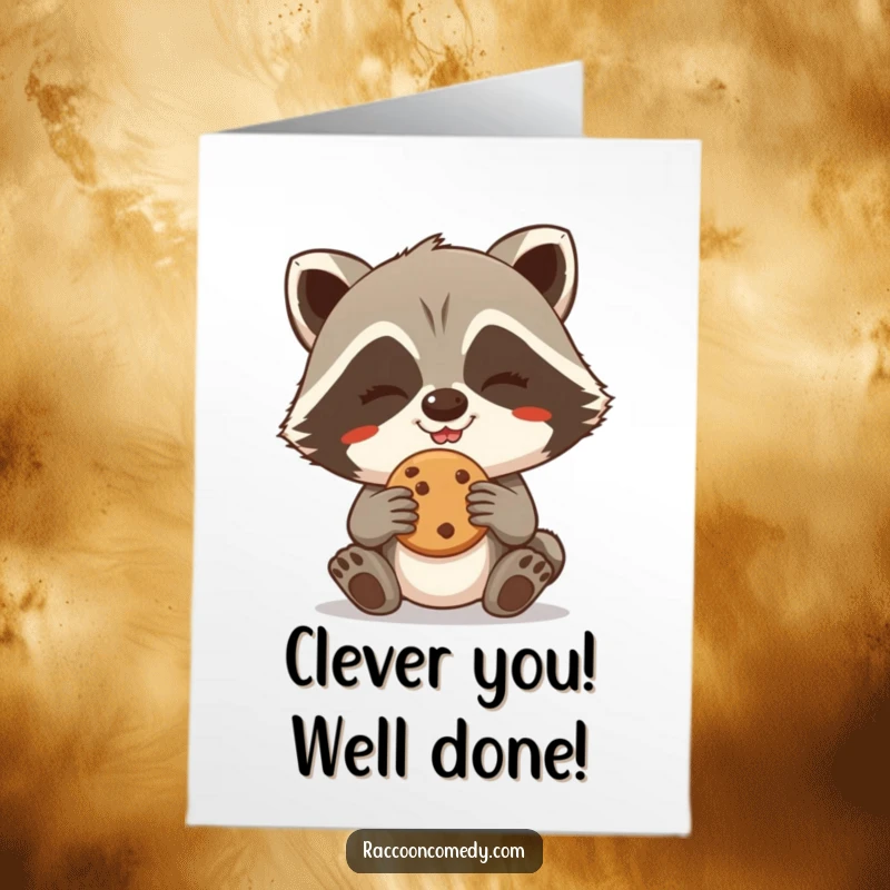 Funny Free Printable Congratulations Card: Grinning raccoon clutches a stolen cookie, celebrating a successful cheeky mission.