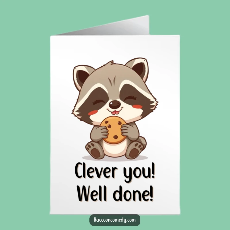 Free Printable Congrats Card: Raccoon Cookie Thief, Grinning Success, Humorous Downloadable Gift