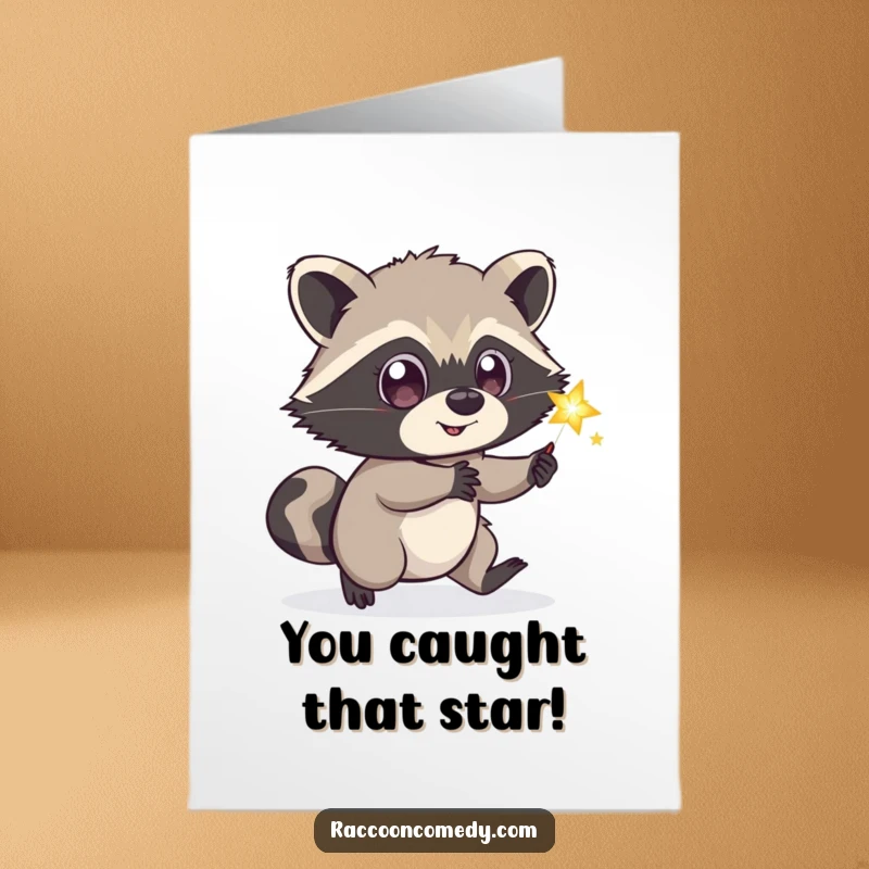 Funny Free Printable Congratulations Card: Wide-eyed raccoon playfully pursuing a glowing firefly, celebrating achievement with whimsy.