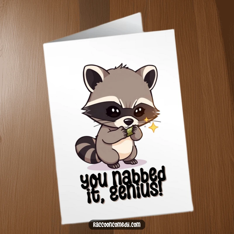 Funny Free Printable Congrats Card: Mischievous raccoon thief, mask on, stealing a shiny object, congratulating winner.
