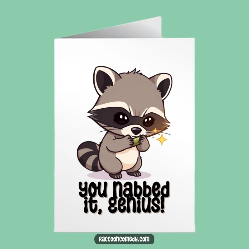 Free Printable Congrats Card: Raccoon Thief Steals Shiny Object, Funny Downloadable Gift Winner